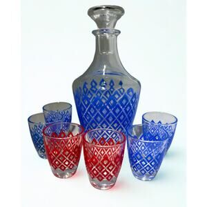 Vintage French Decanter Set, 6 Shot Glasses, Blue & Red Enamel, Marked France 15
